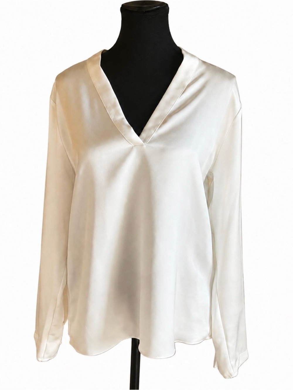 Halston Heritage Ivory Satin Trim V-Neck Blouse Size S